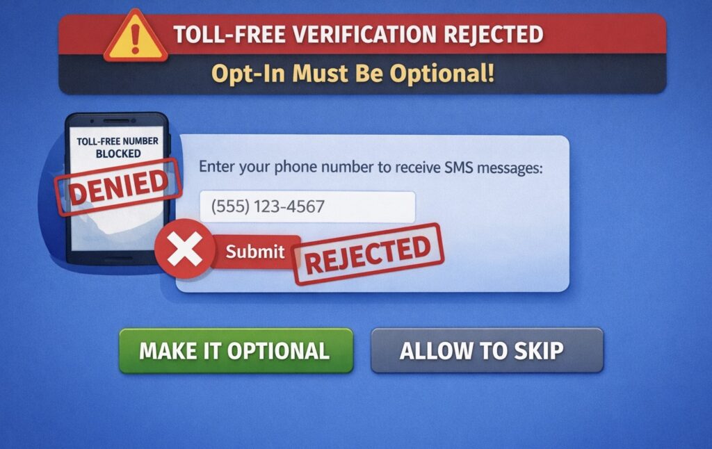 1001: Toll Free verification rejection - Opt-in must be optional, not required