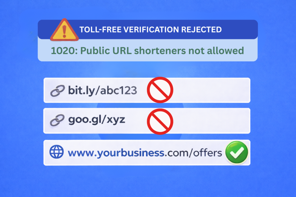 1020: Toll Free verification rejection - Public URL shorteners not allowed